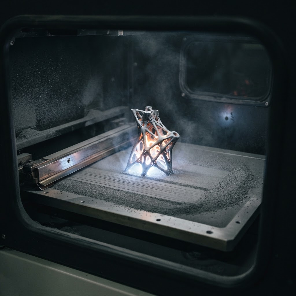 A titanium component with optimised geometry being built inside an industrial laser powder bed fusion machine