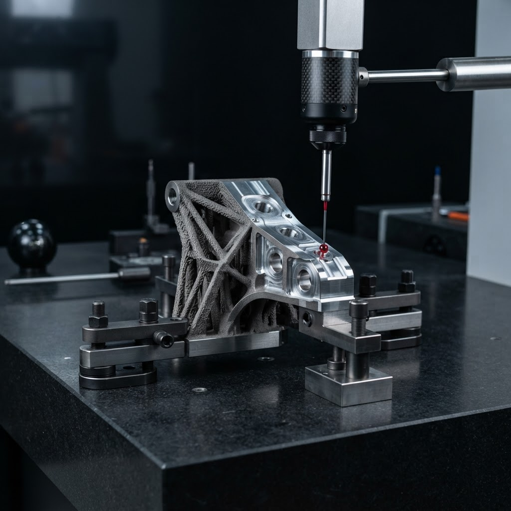 A coordinate measuring machine ruby stylus probe measuring a precision additive manufactured aerospace bracket on a granite surface plate