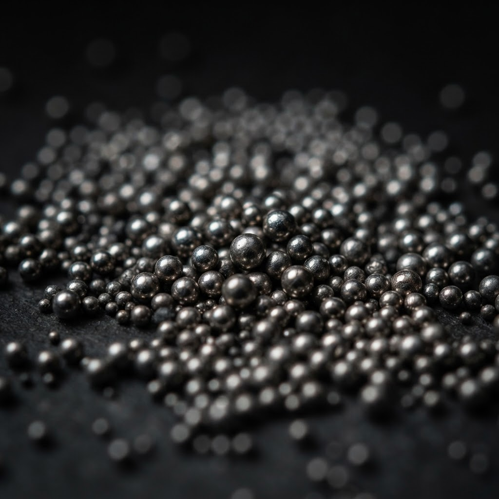 Macro detail of fine spherical metal alloy powder used in laser powder bed fusion